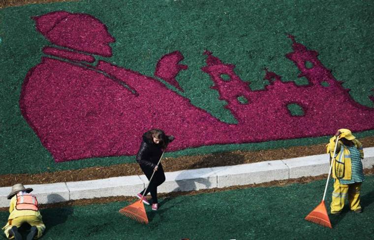 Trabajadores le dan los últimos toques a una imagen del papa Francisco hecha con flores en un terreno junto al Angel de la Independencia en la Ciudad de México el 10 de febrero del 2016. El pontífice visitará México del 12 al 18 de febrero. (AP Photo/Enric Martí)