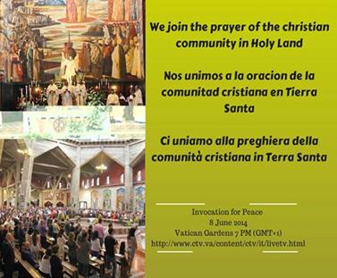 Foto: # we pray for peace  # unminutoporlapaz We join the prayer of the christian community in Holy Land
nos unimos a la oracion de la comunitad cristiana en Tierra Santa
ci uniamo alla preghiera della comunità cristiana in Terra Santa
http://it.lpj.org/2014/06/06/pregare-per-la-pace-col-papa-abbas-e-peres/
http://it.custodia.org/default.asp?id=4&id_n=27401